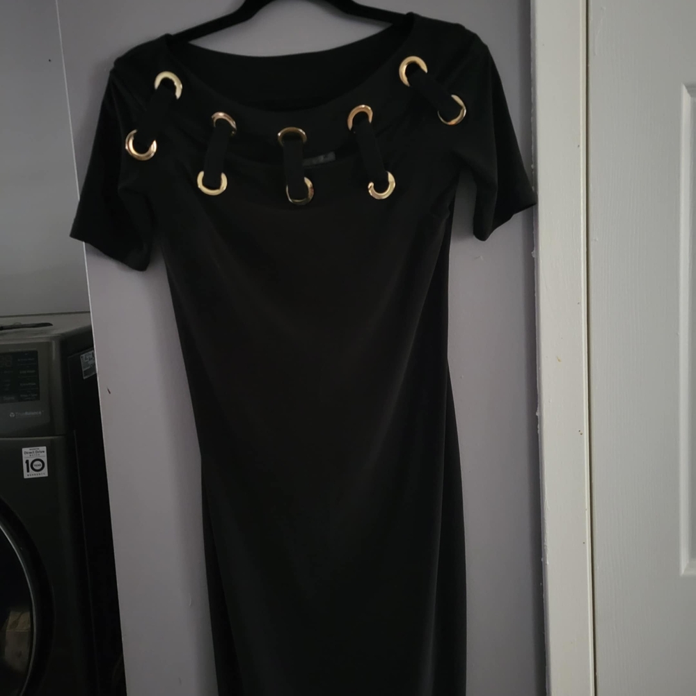 Joseph Ribkoff Black Dress with Gold Rings